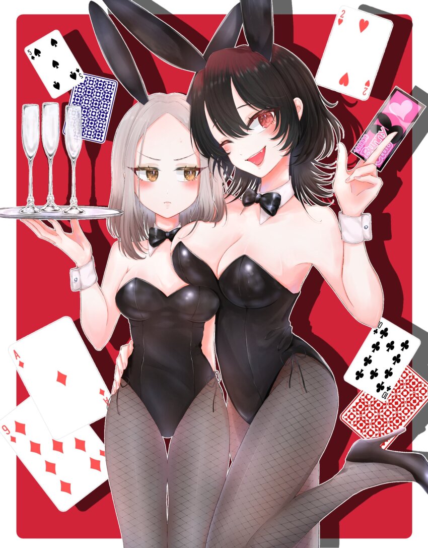 2girls ace_(playing_card) animal_ears black_bow black_bowtie black_hair black_leotard blush bonnouji_momoha bow bowtie breast_on_breast breasts card champagne_flute cleavage cup detached_collar drinking_glass fake_animal_ears fang fishnet_pantyhose fishnets frown grey_hair hand_on_another&#039;s_hip high_heels highres holding holding_card holding_tray kikka_1003 kimi_no_koto_ga_dai_dai_dai_dai_daisuki_na_100-nin_no_kanojo large_breasts leg_up leotard medium_hair meido_mai multiple_girls pantyhose playboy_bunny playing_card rabbit_ears red_eyes smile standing standing_on_one_leg strapless strapless_leotard tray yellow_eyes