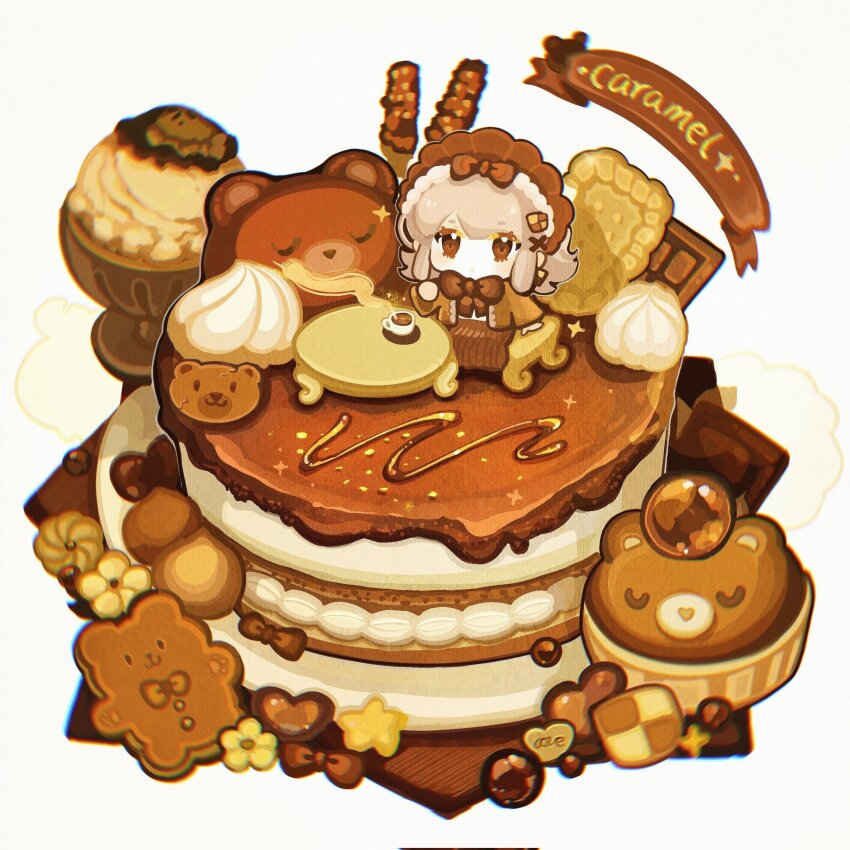 1girl animal-themed_food banner bear bonnet bow bowl bowtie brown_bonnet brown_bow brown_bowtie brown_eyes brown_hair brown_jacket brown_skirt cake checkerboard_cookie chibi chinese_commentary chocolate chocolate_cake chocolate_syrup commentary_request cookie cup english_text eyelashes flower food food-themed_hair_ornament food_focus frilled_headwear grey_background hair_bow hair_ornament highres ice_cream icing jacket long_skirt long_sleeves medium_hair nailao_si_ka_bing napkin on_chair open_clothes open_jacket original pocky saucer shirt sitting skirt solo souffle_(food) sparkle star_(symbol) steam striped_clothes striped_skirt table tea teacup vertical-striped_clothes vertical-striped_skirt white_shirt x_hair_ornament yellow_flower