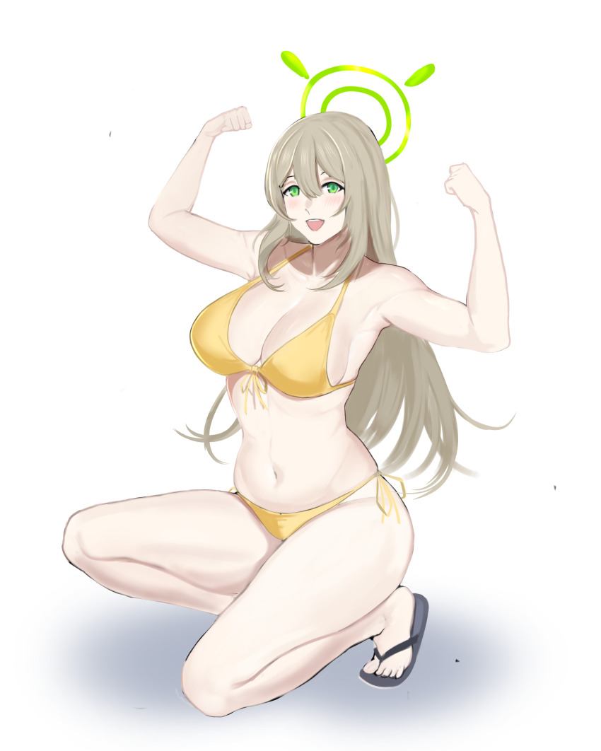 1girl absurdres arms_up bare_shoulders bikini blue_archive breasts cleavage collarbone feet flip-flops full_body green_eyes green_halo grey_hair halo highres large_breasts long_hair looking_at_viewer mechanical_halo navel nonomi_(blue_archive) nonomi_(swimsuit)_(blue_archive) official_alternate_costume open_mouth sandals seilindekos sidelocks sitting smile solo swimsuit thighs white_background yellow_bikini