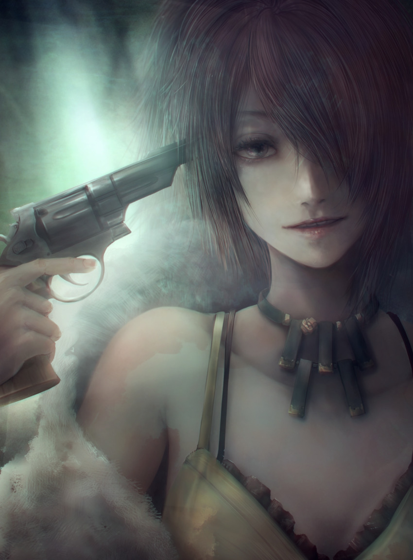 1girl alternate_hair_length alternate_hairstyle alternate_skin_color black_bra black_choker bra bra_peek choker cinderella_(sinoalice) collarbone commentary_request finger_on_trigger fur_shawl grey_eyes gun gun_to_head hair_over_one_eye handgun highres holding holding_gun holding_weapon lips nose red_hair revolver sad_smile shawl short_hair sinoalice solo suicide tank_top underwear upper_body weapon yamamoto_no_ari yellow_tank_top