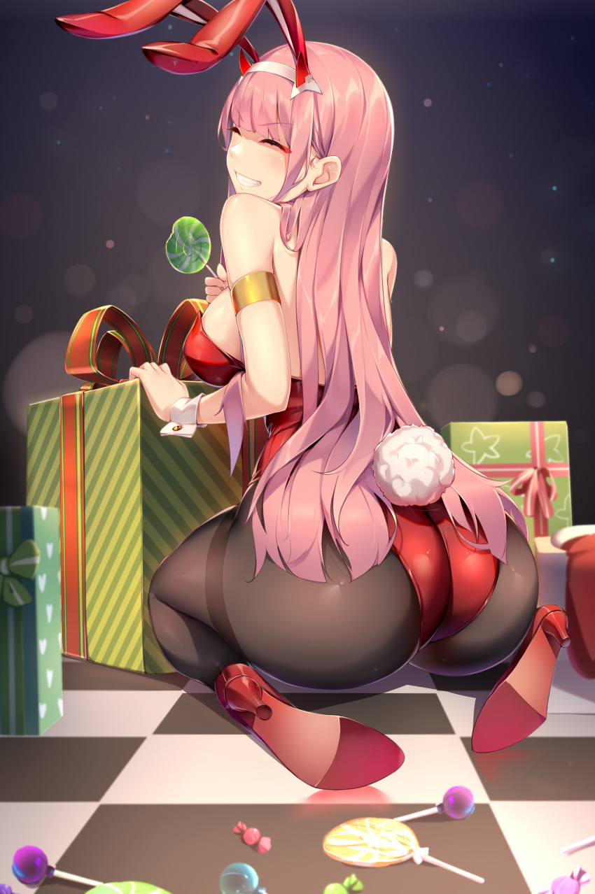 1girl absurdres animal_ears armlet ass bare_shoulders box breasts brown_pantyhose candy checkered_floor christmas closed_eyes commentary darling_in_the_franxx eyeshadow fake_animal_ears food from_behind gift gift_box grin high_heels highres horns jewelry large_breasts leotard lollipop long_hair looking_back makeup on_floor pantyhose pink_hair playboy_bunny rabbit_ears rabbit_tail red_footwear red_leotard red_ribbon ribbon sgt-jz sidelocks smile solo tail thighband_pantyhose v-shaped_eyebrows very_long_hair wrist_cuffs zero_two_(darling_in_the_franxx)