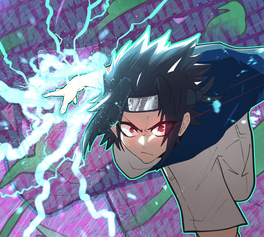 1boy artist_name black_hair blue_shirt chidori_(naruto) electricity electrokinesis forehead_protector grey_shorts highres incoming_attack konohagakure_symbol leaning_forward looking_at_viewer male_focus naruto naruto_(series) red_eyes sharingan shirt short_sleeves shorts solo text_background thatamaan tomoe_(symbol) uchiha_sasuke v-shaped_eyebrows