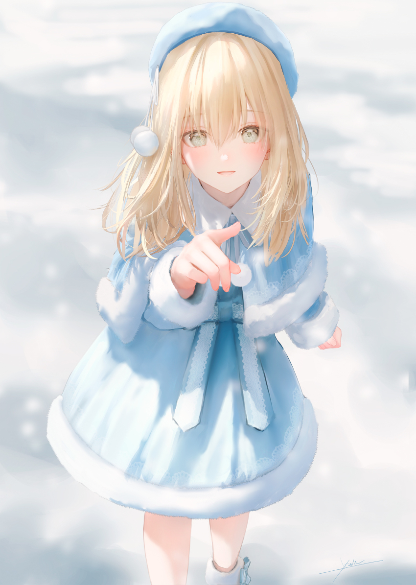 1girl absurdres beret blonde_hair blue_capelet blue_dress blue_hat blush capelet dress fur-trimmed_capelet fur-trimmed_dress fur-trimmed_sleeves fur_trim hat highres jizell long_hair long_sleeves looking_at_viewer original outdoors pom_pom_(clothes) smile snow snowing solo