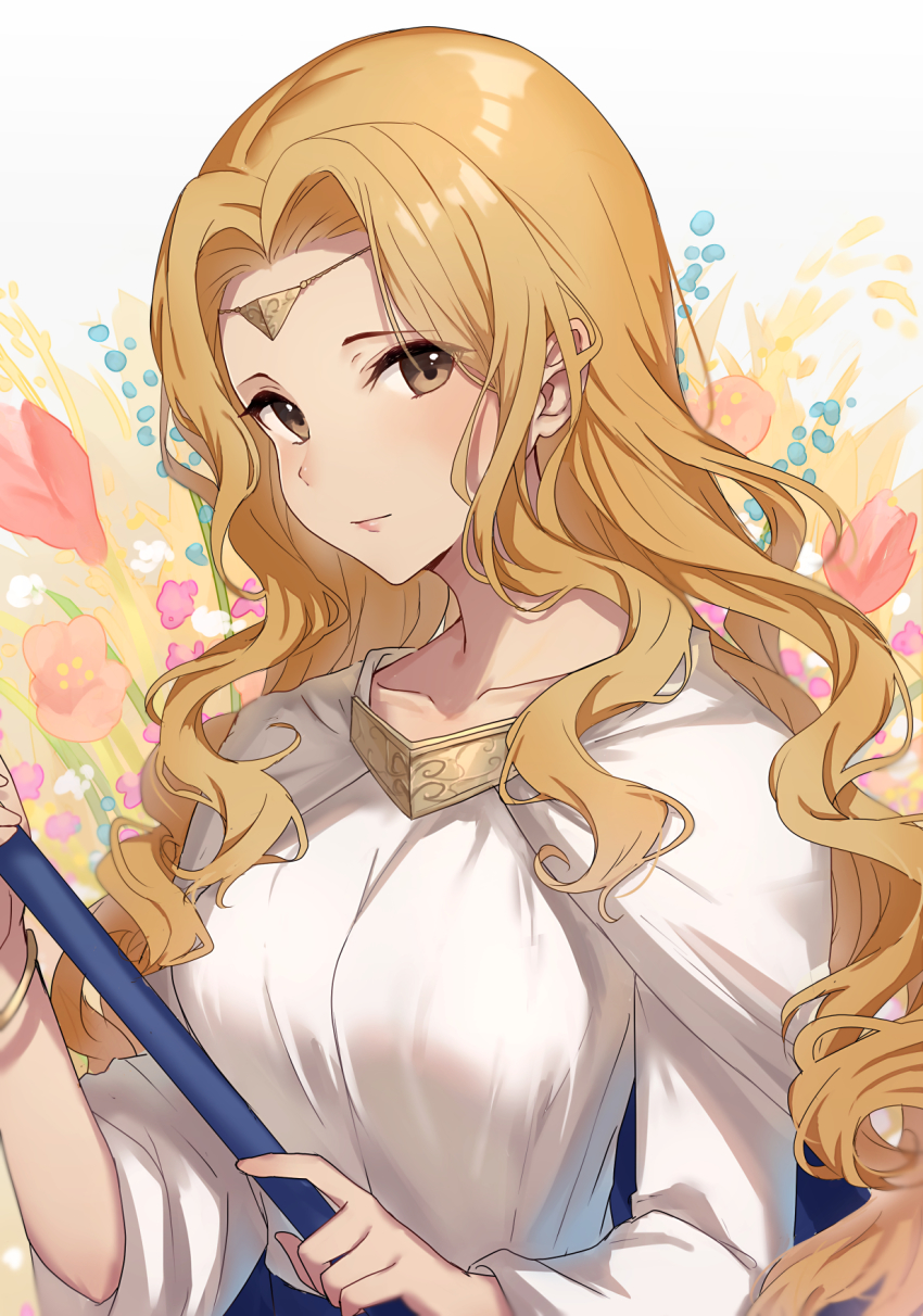 1girl blonde_hair blush bracelet brown_eyes cape circlet edain_(fire_emblem) fire_emblem fire_emblem:_genealogy_of_the_holy_war haru_(nakajou-28) highres holding jewelry long_hair long_sleeves looking_at_viewer nintendo parted_bangs simple_background upper_body wavy_hair