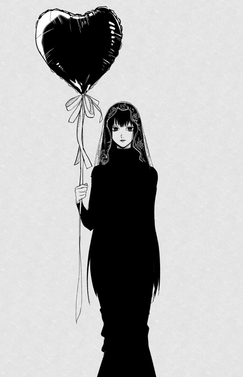 1girl balloon black_dress black_eyes black_hair dress full_body greyscale heart_balloon highres holding holding_balloon long_hair monochrome osaragi_(sakamoto_days) sakamoto_days simple_background solo sonono71 standing veil very_long_hair white_background