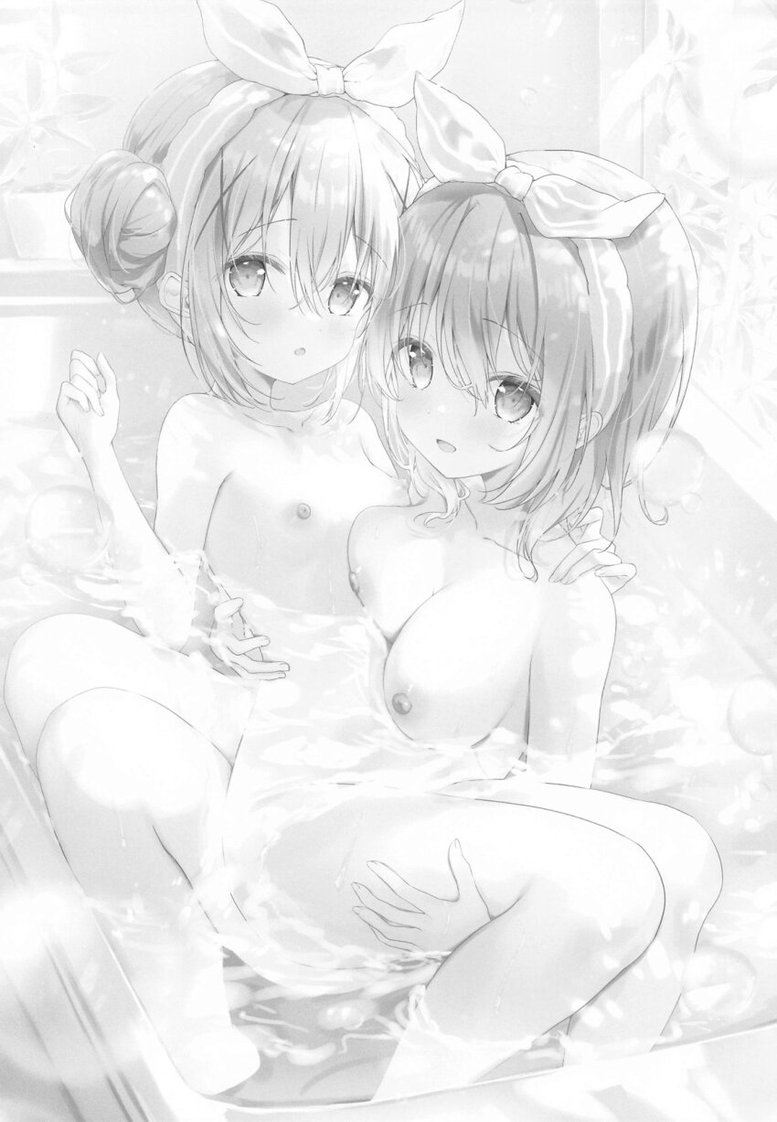 2girls age_difference amedamacon bath bathtub breasts completely_nude gochuumon_wa_usagi_desu_ka? greyscale hair_bun highres hoto_cocoa kafuu_chino large_breasts looking_at_viewer monochrome multiple_girls nipples non-web_source nude onee-loli partially_submerged petite same-sex_bathing shared_bathing small_breasts water yuri