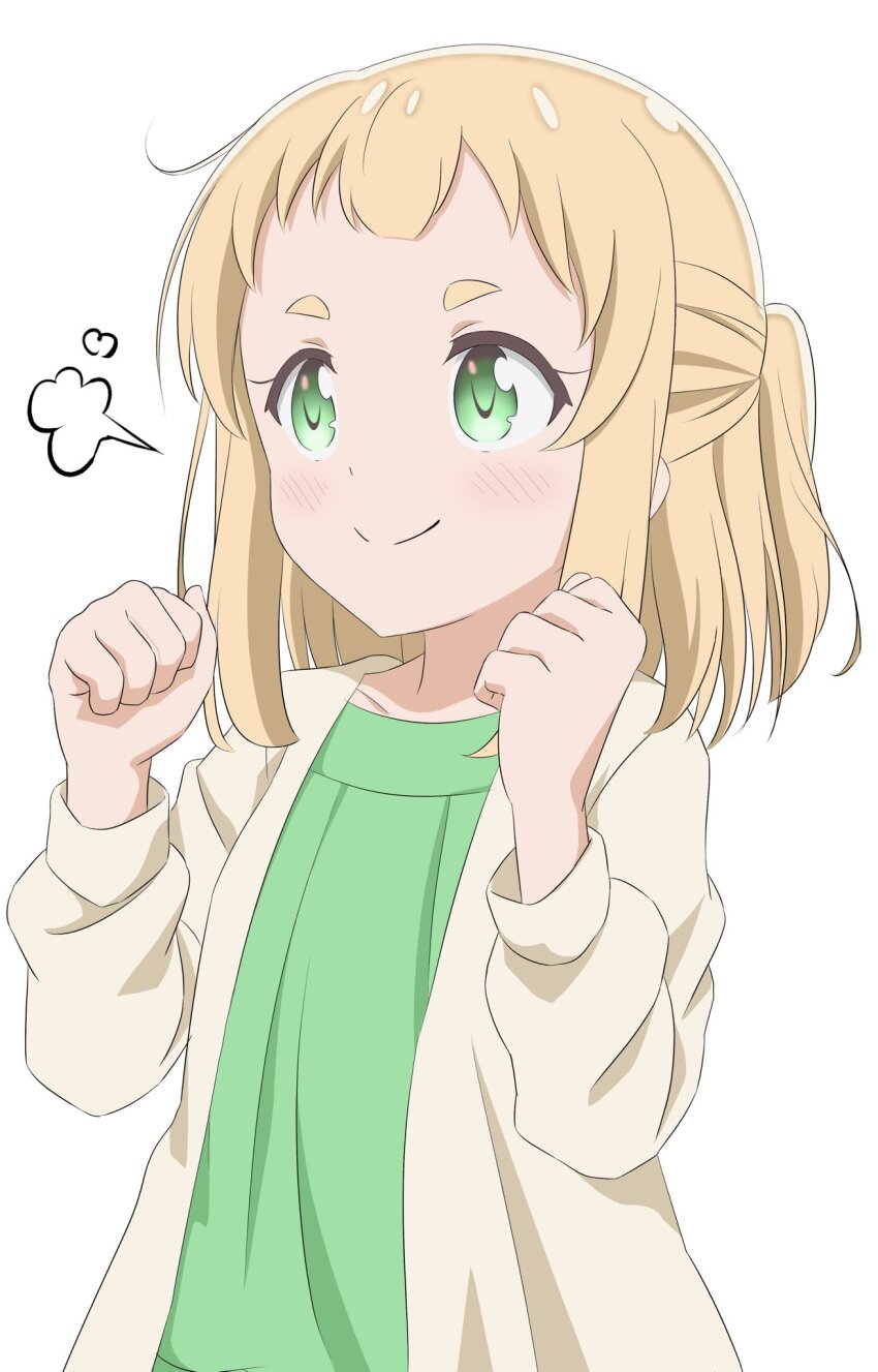 1girl alternate_hairstyle blonde_hair blush closed_mouth collarbone dot_nose female_focus green_eyes highres inose_mai koisuru_asteroid long_sleeves medium_hair qb_(qb46311027) simple_background smile solo standing upper_body white_background