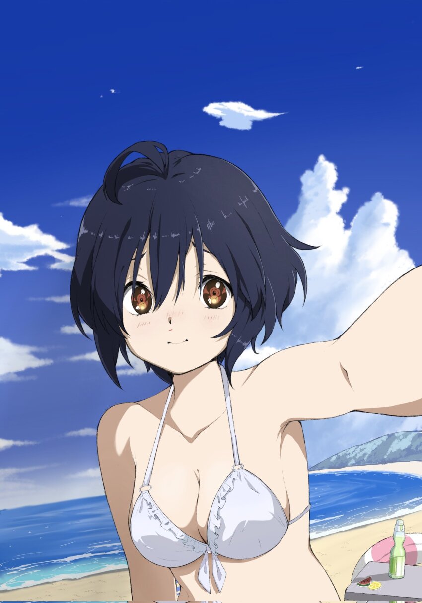 1girl 22/7 ahoge beach bikini blue_hair breasts brown_eyes cleavage closed_mouth cloud cloudy_sky collarbone dark_blue_hair frilled_bikini frills halterneck highres looking_at_viewer morinomiya_ruri ocean outdoors selfie short_hair sky solo swimsuit takigawa_miu upper_body wavy_hair white_bikini