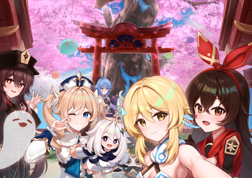 6+girls absurdres ahoge amber_(genshin_impact) barbara_(genshin_impact) black_hair blonde_hair blue_eyes blue_hair bow bow_hairband breasts brown_eyes chanifge cherry_blossoms cleavage flower ganyu_(genshin_impact) genshin_impact hair_flower hair_ornament hairband halo highres horns hu_tao_(genshin_impact) long_hair looking_at_viewer lumine_(genshin_impact) medium_breasts multiple_girls one_eye_closed open_mouth paimon_(genshin_impact) qiqi_(genshin_impact) red_bow sayu_(genshin_impact) short_hair_with_long_locks sidelocks slime_(genshin_impact) smile torii v white_flower white_hair yellow_eyes