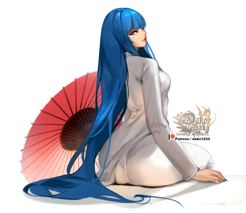 1girl artist_name ass blue_eyes blue_hair breasts commentary dress english_commentary from_behind highres hu_dako lips long_hair looking_at_viewer looking_back medium_breasts oil-paper_umbrella original panties panties_under_pantyhose pantyhose patreon_logo patreon_username simple_background solo umbrella underwear very_long_hair ao_dai white_background white_dress white_pantyhose