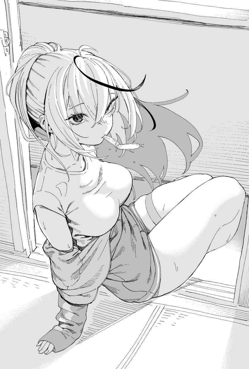 1girl absurdres breasts expressionless food greyscale highres long_hair looking_at_viewer medium_breasts monochrome mouth_hold off_shoulder original ponytail popsicle sitting skindentation solo sweat thigh_strap thighs untsuku