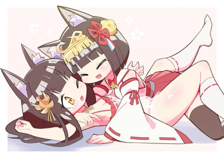 2girls aly_(eshikidori) animal_ear_fluff animal_ears azur_lane bird_hair_ornament black_hair black_thighhighs blunt_bangs blush closed_eyes commentary_request fox_ears fox_girl hair_ornament japanese_clothes jewelry kneehighs long_hair long_sleeves lying multiple_girls mutsu_(azur_lane) nagato_(azur_lane) nagato_(great_fox&#039;s_respite)_(azur_lane) necklace no_shoes on_back one_eye_closed open_mouth ribbon-trimmed_legwear ribbon-trimmed_socks ribbon_trim short_hair socks thighhighs white_socks yellow_eyes