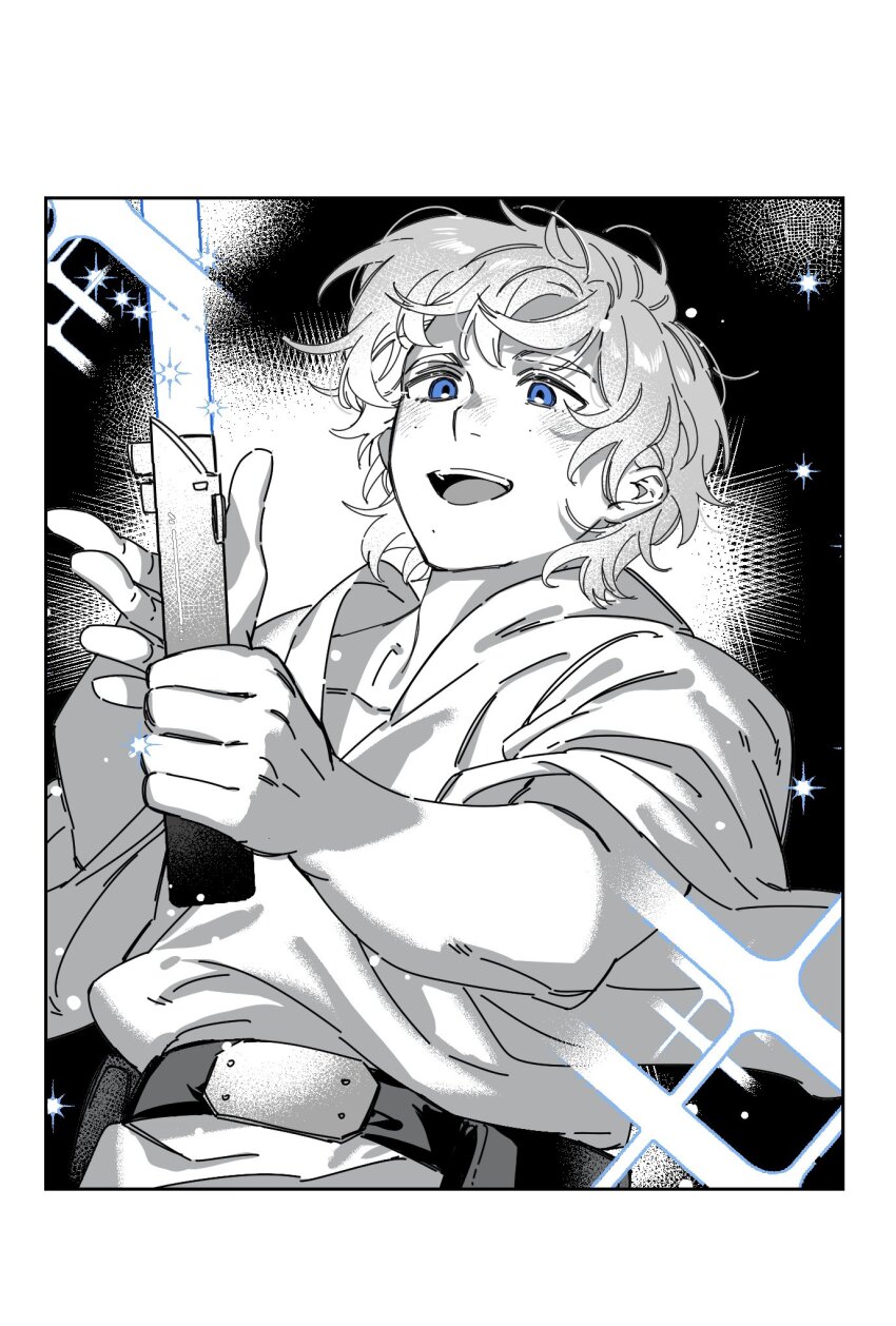 1boy :d belt blue_eyes blue_lightsaber border chinese_commentary commentary_request energy_sword greyscale highres holding_lightsaber lightsaber long_sleeves luke_skywalker male_focus monochrome open_mouth randlosey short_hair smile solo sparkle spot_color star_wars sword upper_body weapon