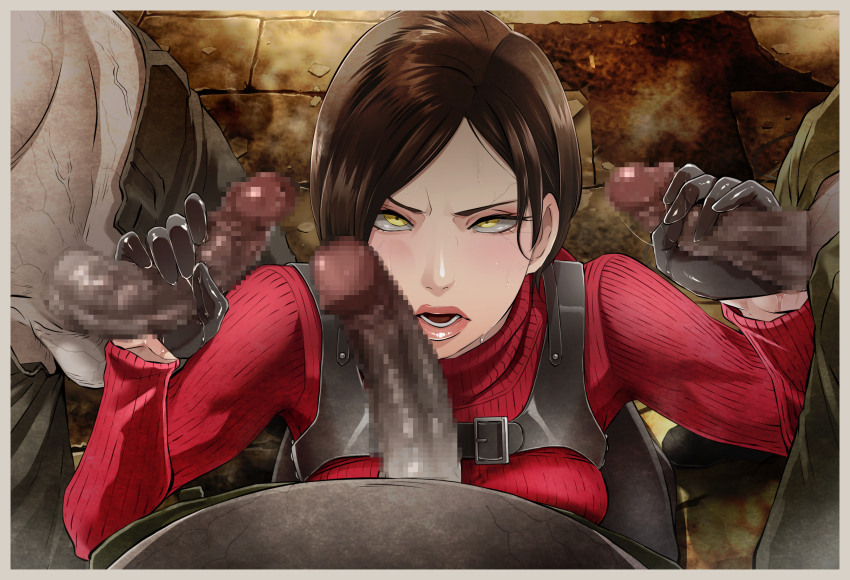 1girl 3boys ada_wong breasts butcha-u censored double_handjob group_sex handjob hetero large_breasts lips looking_at_viewer mosaic_censoring multiple_boys open_mouth penis pov pov_crotch rape resident_evil resident_evil_4 resident_evil_4_(remake) short_hair solo_focus teeth