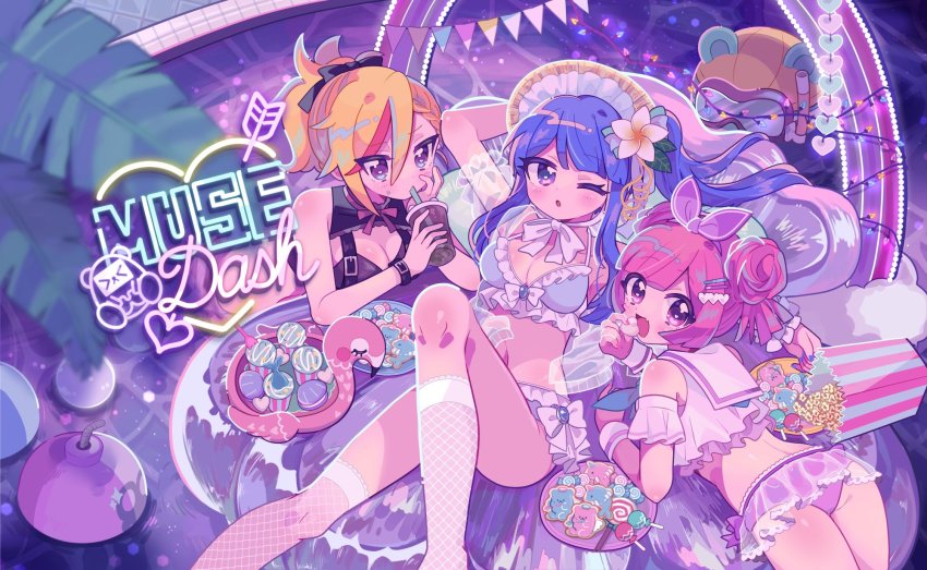 3girls aeruusa ass blue_hair bow breasts buro_(muse_dash) candy cleavage cookie cup flower food hair_bow hair_ornament hairpin heart highres large_breasts long_hair lying marija_(muse_dash) multicolored_hair multiple_girls muse_dash official_art on_stomach one_eye_closed orange_hair pink_eyes pink_hair ponytail pool purple_eyes rin_(muse_dash) short_hair sidelocks skirt snorkel streaked_hair swimsuit thighs