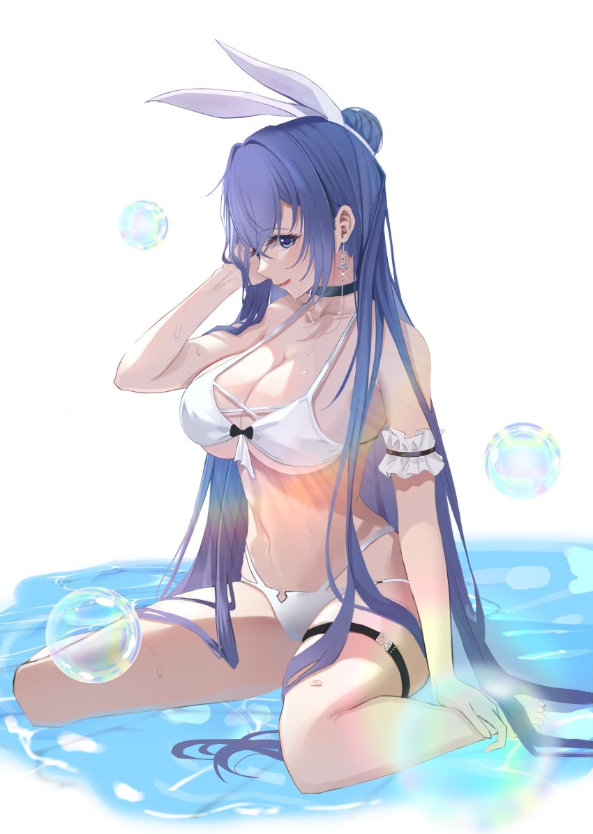 1girl absurdres animal_ears azur_lane bikini black_choker blue_eyes blue_hair blush breasts choker cleavage collarbone fake_animal_ears full_body highres large_breasts long_hair looking_at_viewer new_jersey_(azur_lane) partially_submerged rabbit_ears runa_(user_guwn7382) solo swimsuit very_long_hair white_background white_bikini