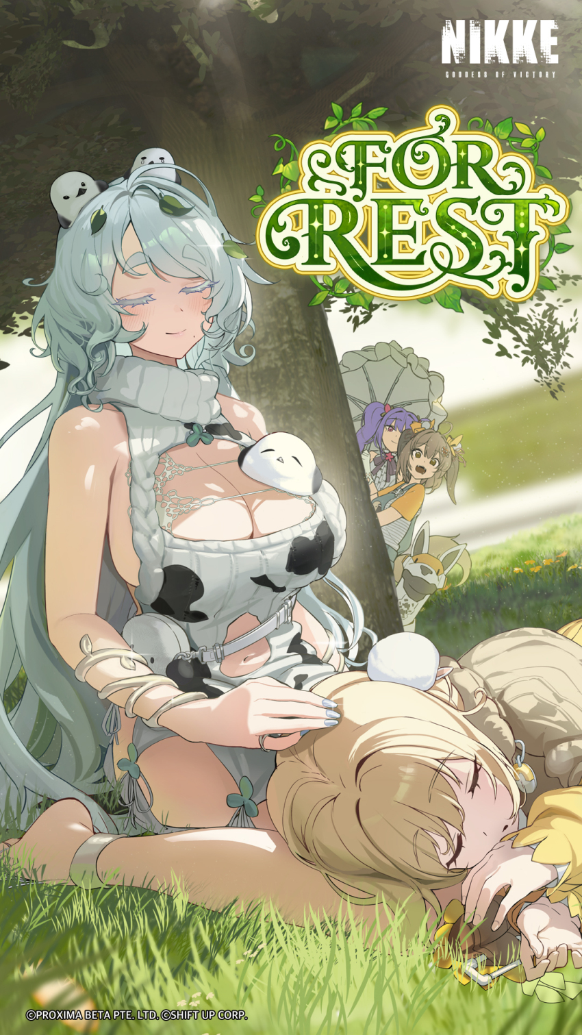 4girls animal animal_on_head bag barefoot bird bird_on_head biscuit_(spring_puppy)_(nikke) blue_hair blue_overalls breasts brown_eyes brown_hair cleavage cleavage_cutout closed_eyes closed_mouth clothing_cutout commentary day dress english_commentary flora_(nikke) goddess_of_victory:_nikke grass handbag highres holding holding_umbrella lap_pillow large_breasts liter_(cute_sunflower)_(nikke) liter_(nikke) long_hair long_sleeves looking_at_another multiple_girls navel navel_cutout on_ground on_head outdoors overalls purple_eyes purple_hair shirt short_sleeves sleeping sleeveless sleeveless_sweater smile sweater thick_eyebrows tit_(bird) tree trina_(nikke) turtleneck turtleneck_sweater twintails umbrella white_bag white_dress yellow_shirt yellow_sweater