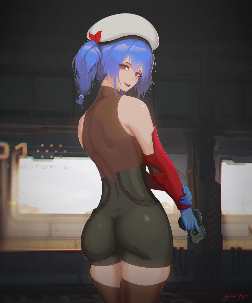 1girl absurdres ass beret black_bodysuit blue_gloves blue_hair bodysuit braided_twintails colphne_(girls&#039;_frontline_2) from_behind girls&#039;_frontline girls&#039;_frontline_2:_exilium gloves gun handgun hat highres holding holding_gun holding_weapon latex latex_gloves looking_at_viewer looking_back nishibuya short_twintails sleeveless sleeveless_bodysuit smile solo taurus_curve twintails weapon white_hat