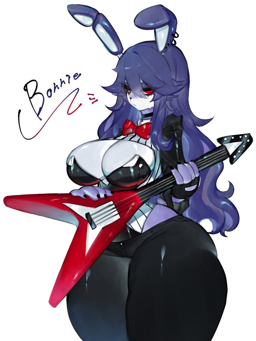 bonnie_(fnaf) bow bowtie breasts cleavage ear_piercing electric_guitar eyeshadow five_nights_at_freddy&#039;s guitar highres instrument large_breasts long_hair looking_at_viewer makeup piercing purple_fur purple_hair rabbit_ears rabbit_girl red_eyes robot serious sideboob thick_thighs thighs togetoge wide_hips