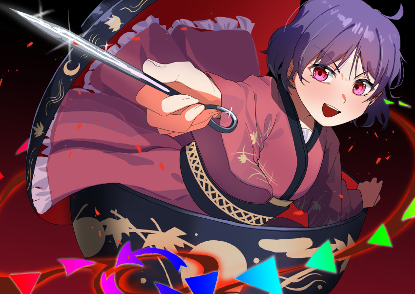 1girl :d absurdres ahoge bowl bowl_hat commentary_request hat highres holding holding_weapon japanese_clothes kimono looking_at_viewer needle_sword open_mouth pink_eyes purple_hair red_kimono sash short_hair smile solo sukuna_shinmyoumaru teeth touhou upper_teeth_only urizaku3 weapon