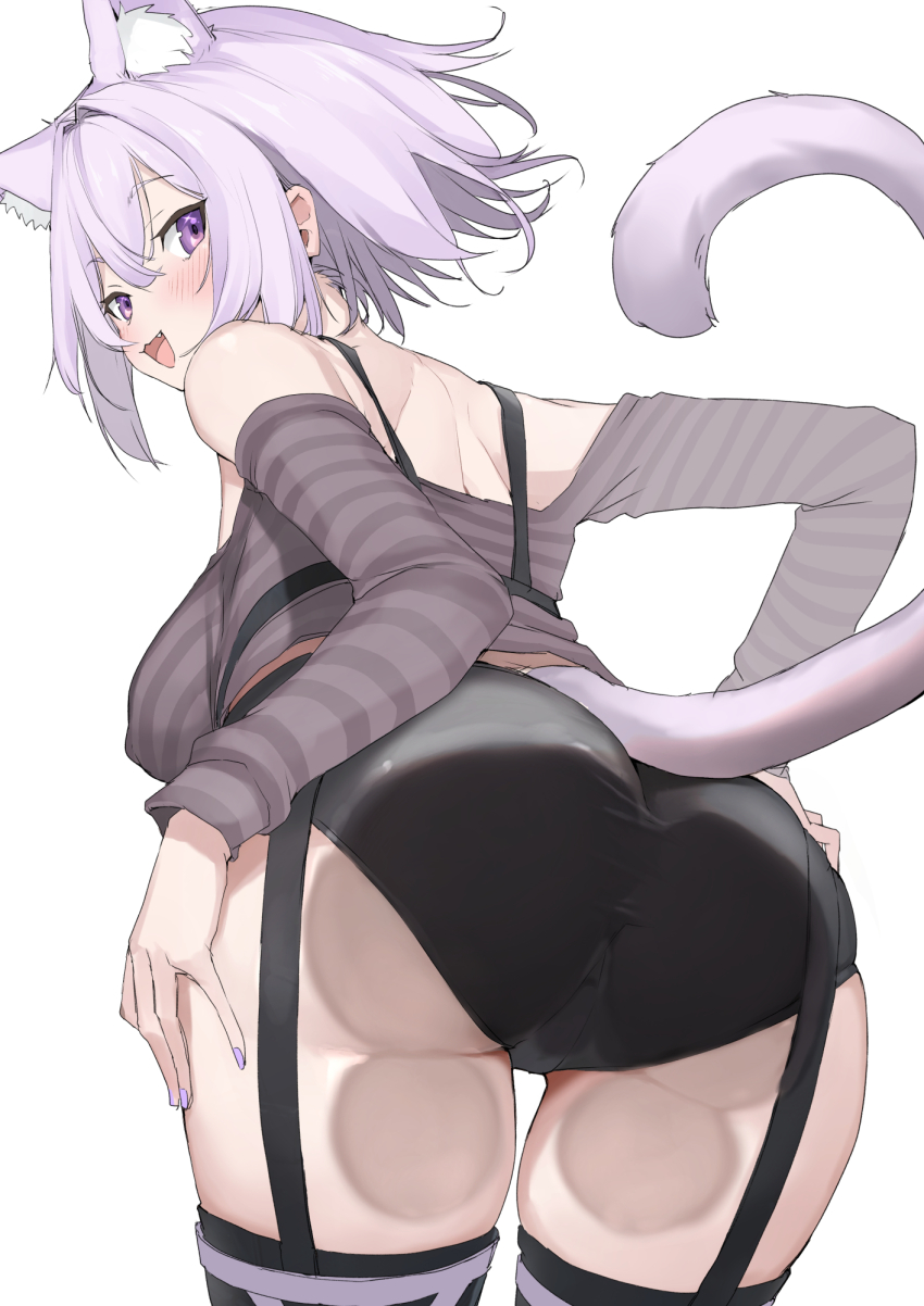 1girl :3 :d against_glass alternate_costume animal_ear_fluff animal_ears ass ass_focus ass_on_glass ass_press bare_shoulders black_garter_straps black_panties black_thighhighs blush breasts cat_ears cat_girl cat_tail chest_harness choppy_bangs clothing_cutout covered_erect_nipples crossed_bangs fang from_behind garter_straps hair_between_eyes hand_on_own_ass hand_on_own_thigh hands_on_own_hips harness heart heart_tail highres hololive hololive_grand_theft_auto horizontal-striped_clothes huge_ass large_breasts leaning_forward legwear_garter long_sleeves looking_at_viewer looking_back mitsuru_(uramitsuru1206) nail_polish nekomata_okayu off-shoulder_shirt off_shoulder open_mouth panties purple_eyes purple_hair purple_nails purple_shirt shirt short_hair simple_background smile solo striped_clothes striped_shirt tail tail_raised tail_through_clothes thighhighs thighs underwear virtual_youtuber white_background