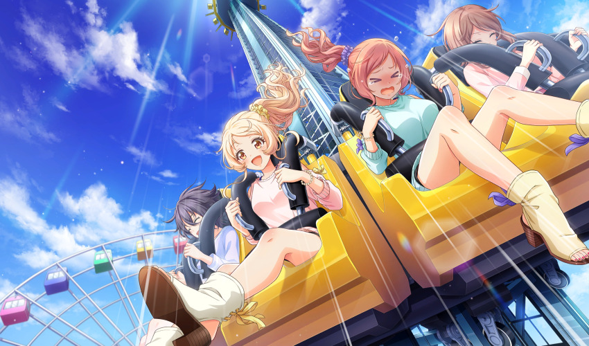 &gt;_&lt; 4girls :d aisaka_koko amusement_park aqua_shirt black_hair blonde_hair blue_sky brown_footwear cinderella_series cloud drop_tower ferris_wheel from_below game_cg hachigatsu_no_cinderella_nine hair_ornament hair_scrunchie hanayama_emi high_ponytail highres lens_flare light_particles light_rays long_hair long_sleeves multiple_girls non-web_source official_alternate_hairstyle official_art open_mouth orange_eyes outdoors pink_hair pink_shirt purple_scrunchie scrunchie shirt short_hair sky smile sunbeam sunlight teardrop wavy_hair wavy_mouth white_shirt yellow_scrunchie