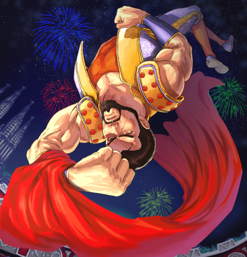 1boy beard black_hair bracelet facial_hair fatal_fury fireworks highres jewelry l.g_(greenforce1) laurence_blood male_focus matador night night_sky red_eyes sky snk solo teeth vest