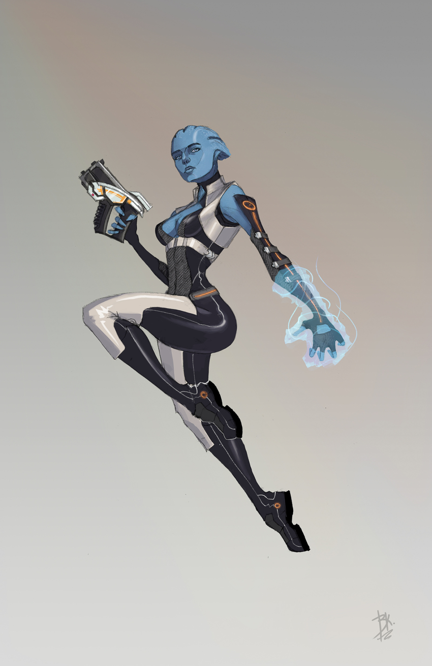 1girl absurdres agrbrod alien asari_(mass_effect) blue_eyes blue_skin breasts colored_skin grey_background gun handgun highres holding holding_gun holding_weapon mass_effect_(series) small_breasts solo weapon