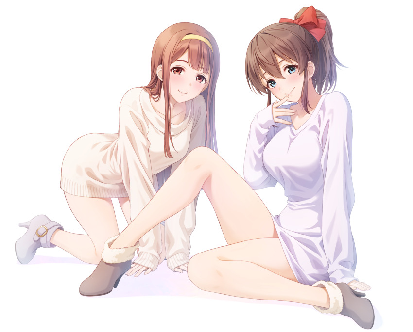 2girls all_fours bare_legs blush breasts brown_hair full_body head_tilt highres idolmaster idolmaster_million_live! large_breasts long_sleeves looking_at_viewer medium_breasts multiple_girls nanaran no_pants ponytail satake_minako shirt simple_background sitting smile straight_hair sweater tanaka_kotoha white_background white_shirt white_sweater