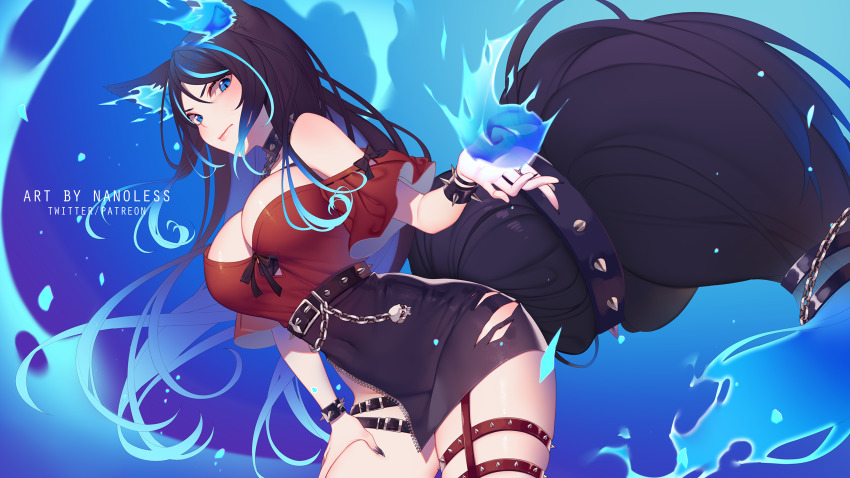 1girl animal_ears black_nails blue_fire bracelet breasts collar cowboy_shot fire hand_on_own_thigh high-waist_skirt highres indie_virtual_youtuber jewelry large_breasts long_hair miniskirt multicolored_hair nail_polish nanoless off_shoulder orange_eyes pencil_skirt pyrokinesis side_slit sinder_(vtuber) sinder_(vtuber)_(1st_costume) skirt solo spiked_bracelet spiked_collar spikes streaked_hair tail torn_clothes torn_skirt virtual_youtuber wolf_ears wolf_girl wolf_tail