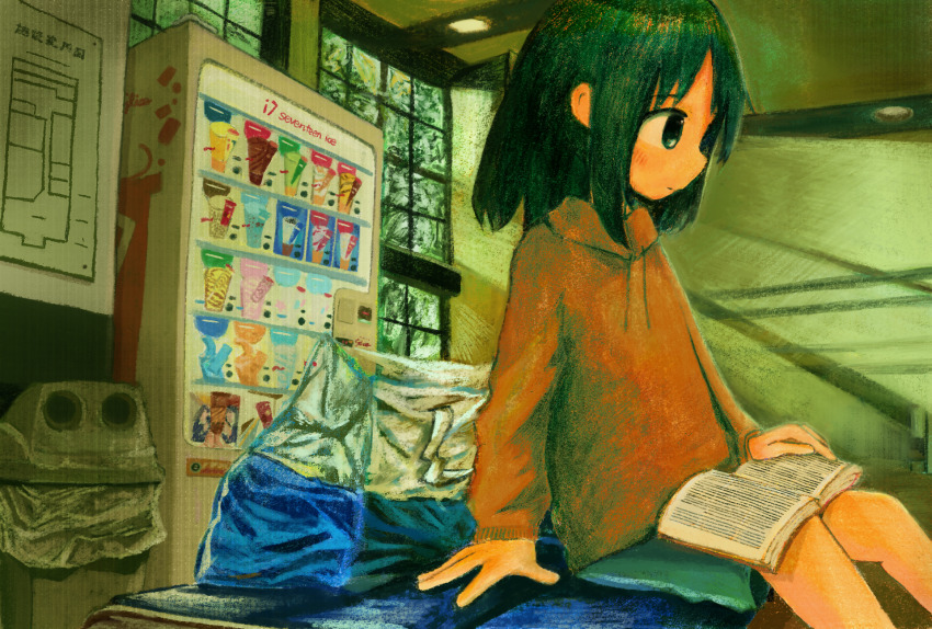 1girl bag black_hair blue_shorts book book_on_lap drawstring expressionless highres hood hoodie indoors medium_hair on_table original papers_drivers profile red_hoodie shorts sitting solo table trash_can vending_machine window