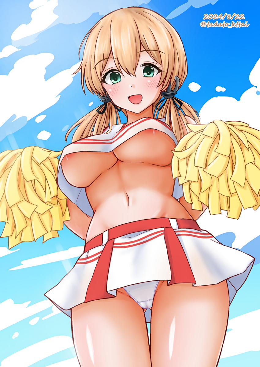 1girl :d alternate_costume anchor_hair_ornament areola_slip artist_name bare_shoulders black_ribbon blonde_hair blue_sky breasts cameltoe cheerleader cloud cloudy_sky commentary_request cropped_shirt dated from_below gluteal_fold green_eyes hair_between_eyes hair_ornament hair_ribbon highres holding kamiya_tadato kantai_collection light_blush long_hair looking_at_viewer low_twintails medium_breasts navel no_bra open_mouth panties pleated_skirt pom_pom_(cheerleading) print_shirt prinz_eugen_(kancolle) raised_eyebrows red_vest ribbon shirt sidelocks skirt sky sleeveless sleeveless_shirt smile solo standing sunlight twintails underboob underwear upshirt vest white_panties white_shirt white_skirt