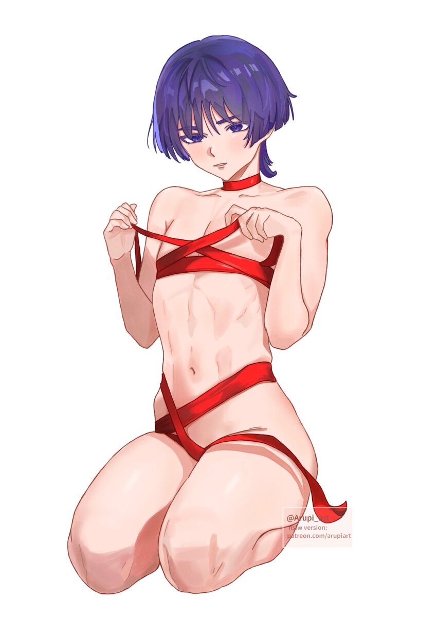 arupi barely_covered bdsm bondage bound christmas genshin_impact gift male_focus naked_ribbon purple_hair ribbon scaramouche_(genshin_impact) sitting wanderer_(genshin_impact)