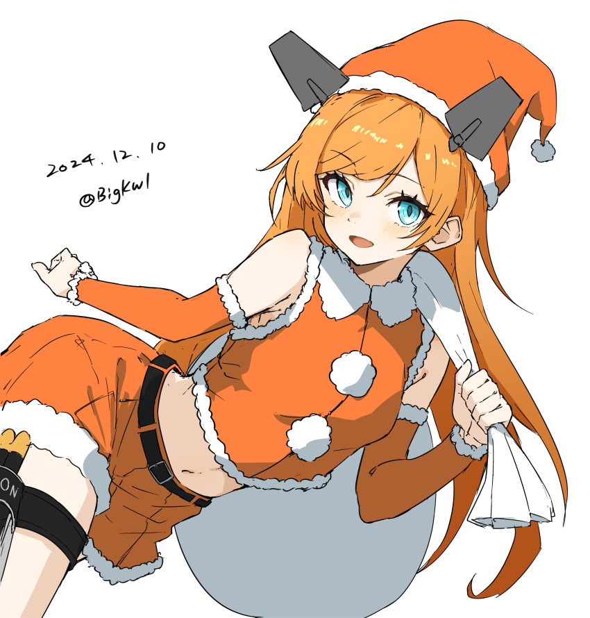 1girl absurdres bigkwl blue_eyes breasts detached_sleeves fur-trimmed_headwear fur-trimmed_skirt fur-trimmed_sleeves fur_trim hat headgear highres holster kantai_collection long_hair medium_breasts miniskirt navel official_alternate_costume orange_hair orange_hat orange_skirt orange_sleeves salmon_(christmas)_(kancolle) salmon_(kancolle) santa_hat skirt solo thigh_holster very_long_hair