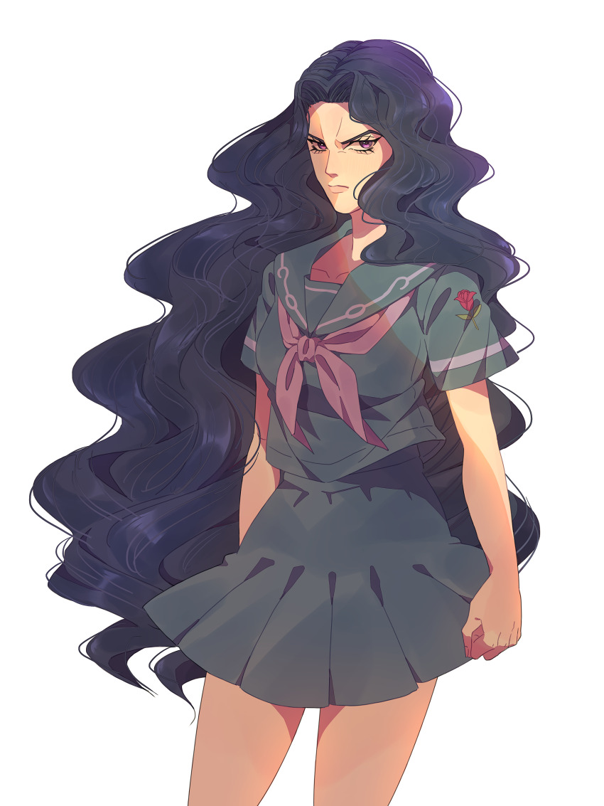 1girl absurdres black_hair clenched_hands cowboy_shot diamond_wa_kudakenai flower highres jojo_no_kimyou_na_bouken long_hair purple_eyes red_flower red_rose rose school_uniform serafuku siniy solo wavy_hair yamagishi_yukako