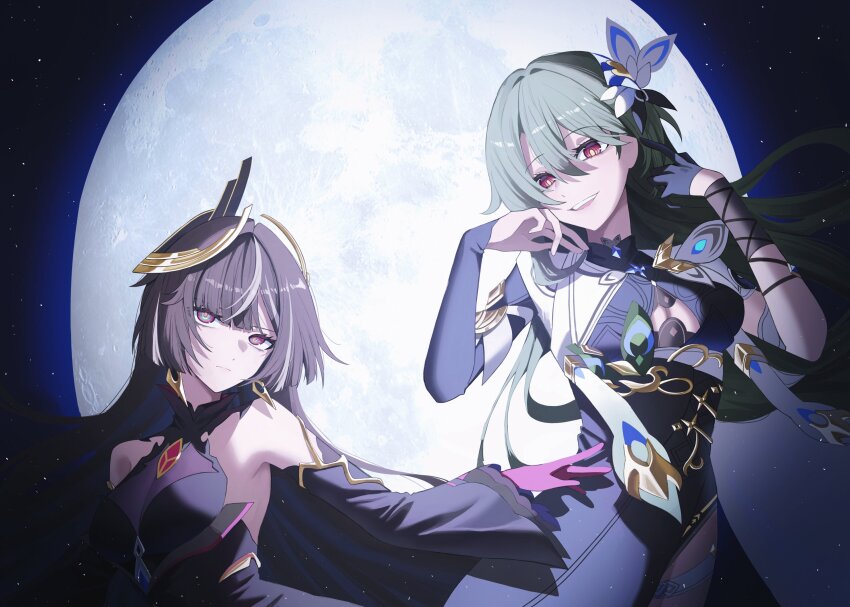 2girls absurdres bare_shoulders black_dress black_gloves black_hair black_sleeves breasts cleavage cleavage_cutout closed_mouth clothing_cutout detached_sleeves dress full_moon gloves grey_hair hair_between_eyes hair_ornament highres honkai_(series) honkai_impact_3rd hyume_26 leylah_(honkai_impact) long_hair looking_at_viewer moon multicolored_eyes multicolored_hair multiple_girls open_mouth pink_eyes red_eyes red_gloves second-party_source streaked_hair thighhighs upper_body very_long_hair vita_(honkai_impact) vita_(lone_planetfarer)_(honkai_impact) yellow_eyes yellow_pupils