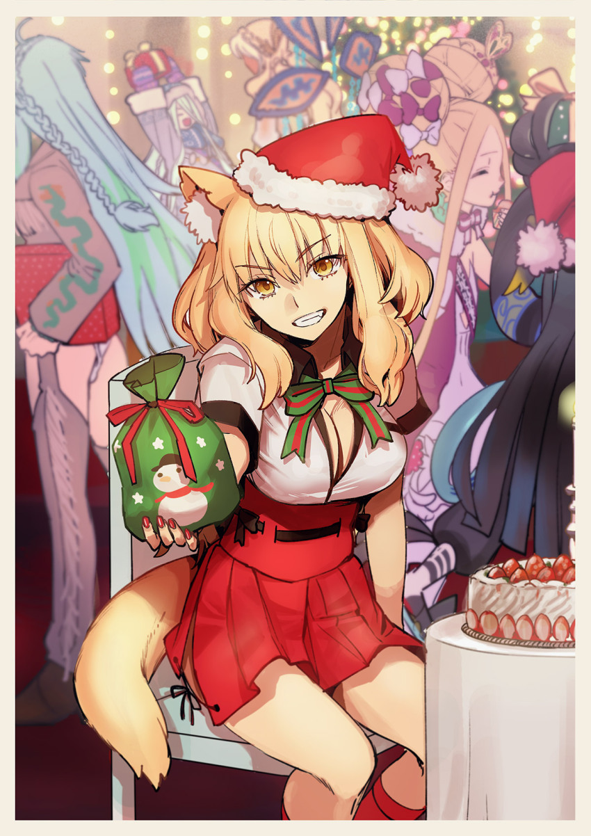 1boy 5girls abigail_williams_(fate) abigail_williams_(santa)_(fate) andromeda_(fate) andromeda_(first_ascension)_(fate) animal_ears aqua_hair black_hair blonde_hair box breasts cake chair christmas double_bun fate/extra fate/extra_ccc fate/extra_ccc_fox_tail fate_(series) food fox_ears fox_girl fox_tail fur-trimmed_headwear fur_trim gift gift_box grin hair_bun hat highres kukulkan_(fate) kukulkan_(first_ascension)_(fate) large_breasts long_hair looking_at_viewer louhi_(fate) louhi_(second_ascension)_(fate) multiple_girls orange_eyes orange_hair outstretched_arm red_hat red_skirt santa_hat shirt short_sleeves sidelocks sitting skirt smile solo_focus suzuka_gozen_(fate) table tail taisui_xingjun_(fate) takenoko_seijin thighs white_shirt