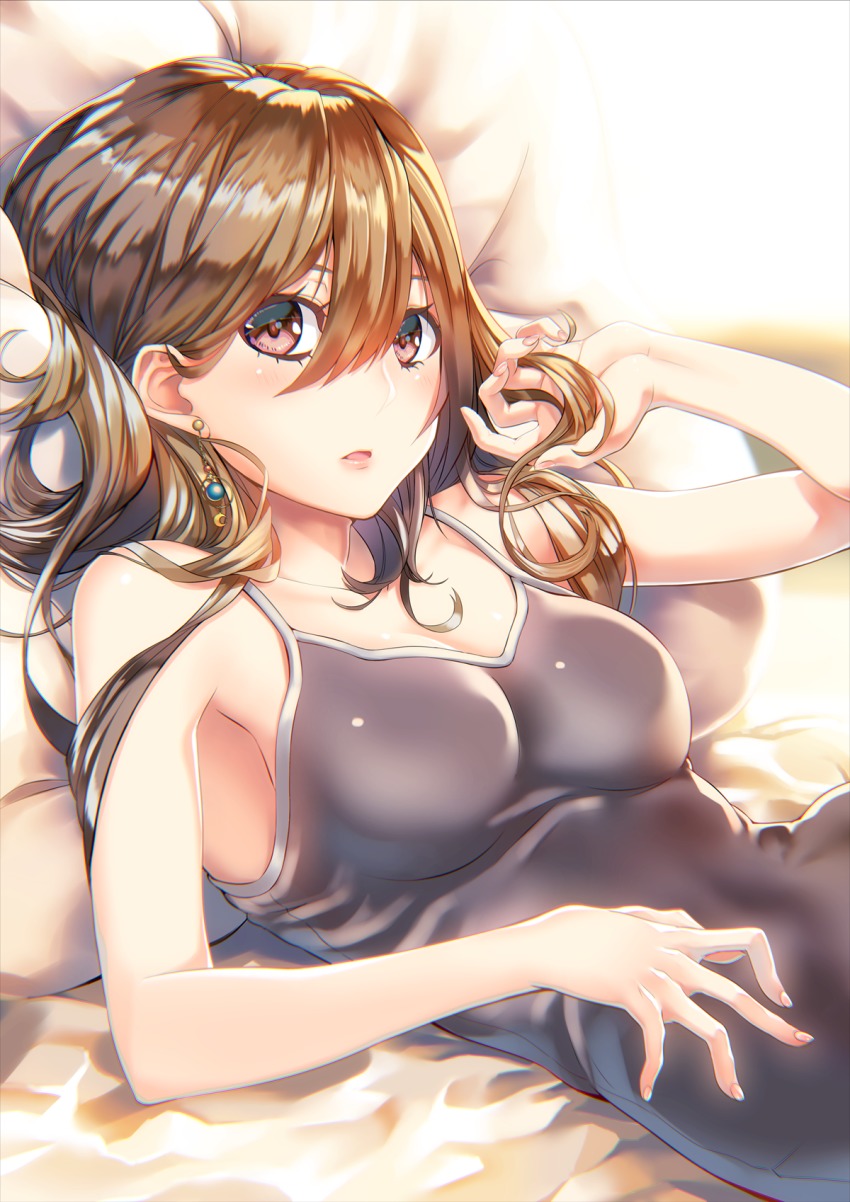 1girl bare_arms bare_shoulders bed_sheet blush breasts brown_hair camisole cleavage collarbone earrings female_focus fingernails hair_between_eyes hand_in_own_hair highres jewelry long_fingernails long_hair looking_at_viewer medium_breasts on_bed original parted_lips pillow red_eyes solo upper_body yuu_knmy