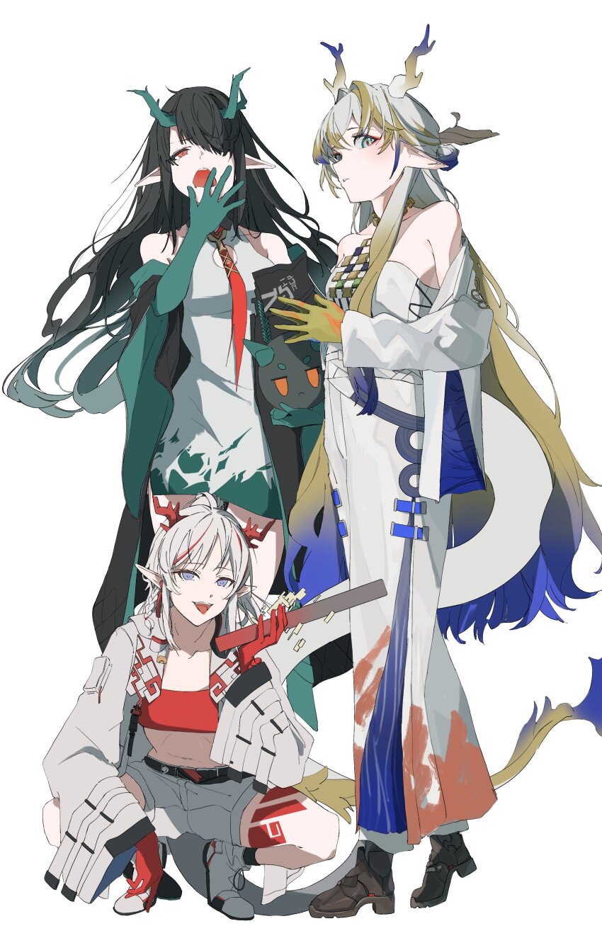 3girls absurdres adesu_(gekkahyouzin) arknights bandeau bare_shoulders black_coat black_hair blonde_hair braid coat colored_extremities covering_own_mouth dragon_bubble_(arknights) dragon_girl dragon_horns dragon_tail dress drooling dusk_(arknights) eyeliner full_body green_eyes grey_hair grey_jacket grey_shorts hair_intakes hair_over_one_eye hand_over_own_mouth hand_up highres holding horns jacket jewelry long_hair long_sleeves looking_at_viewer makeup mouth_drool multicolored_hair multiple_girls necklace necktie nian_(arknights) off_shoulder one_eye_covered open_mouth orange_eyeliner own_hands_together pants parted_lips pointy_ears purple_eyes purple_hair red_bandeau red_eyes red_hair red_necktie shorts shu_(arknights) siblings simple_background sisters sleeveless sleeveless_dress smile squatting standing steepled_fingers strapless streaked_hair tail tongue tongue_out tube_top white_background white_dress white_jacket white_pants white_tube_top yawning