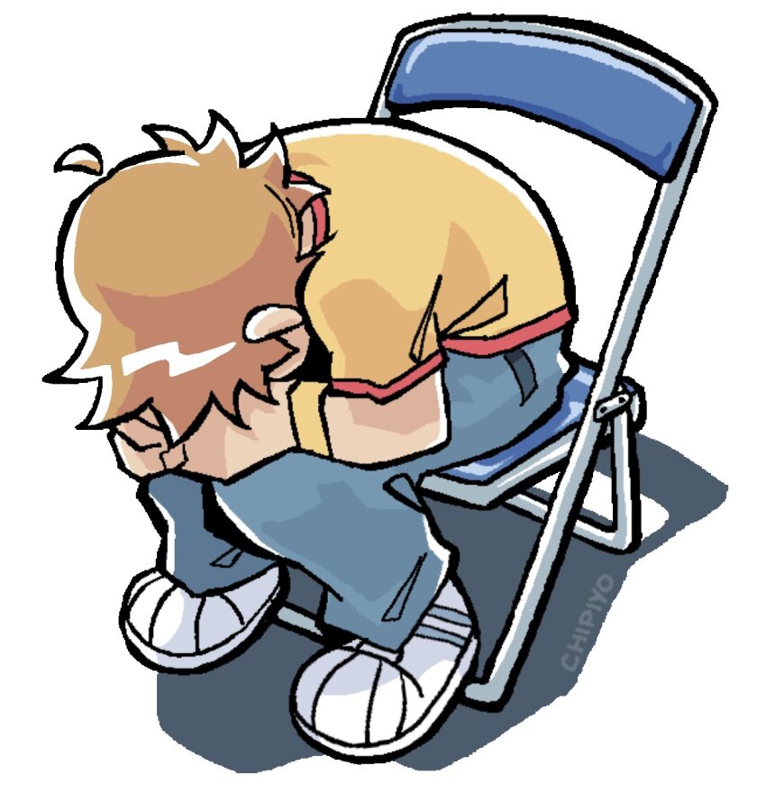 1boy chipiyo denim full_body highres jeans leaning_forward male_focus meme neon_genesis_evangelion on_chair orange_hair pants scott_pilgrim scott_pilgrim_(series) scott_pilgrim_takes_off shinji_in_a_chair_(meme) shoes short_hair sitting sneakers solo