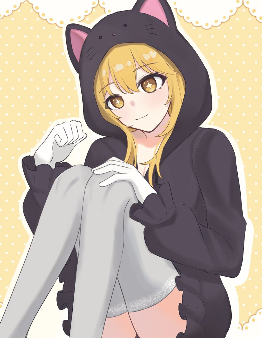 1girl absurdres animal_hands animal_hood ansan_0927 blonde_hair cat_hood closed_mouth commentary_request elbow_gloves gloves head_tilt highres hood knees_up long_hair looking_at_viewer paw_gloves shokuhou_misaki simple_background sitting smile solo star-shaped_pupils star_(symbol) symbol-shaped_pupils toaru_kagaku_no_mental_out toaru_kagaku_no_railgun toaru_majutsu_no_index yellow_eyes