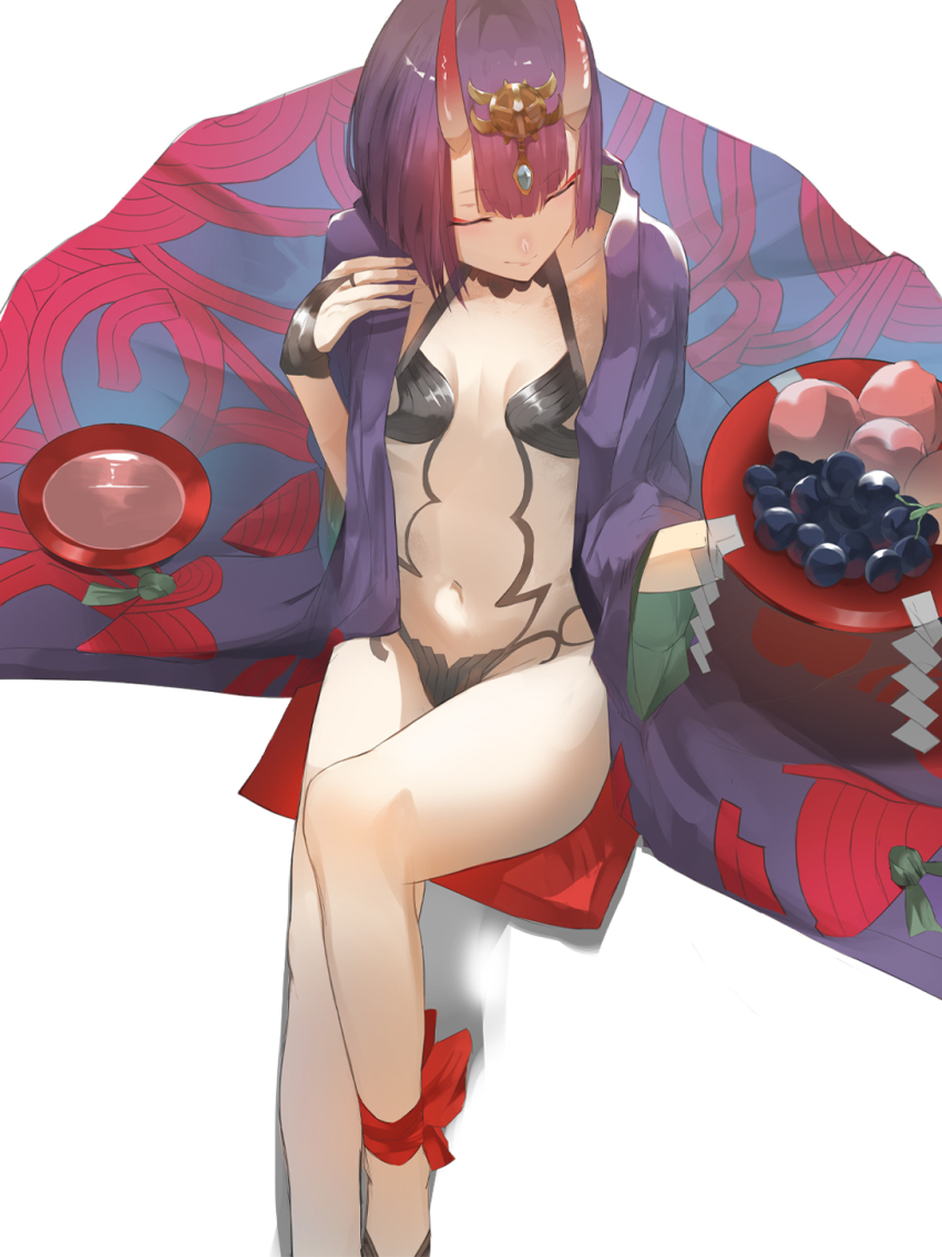 1girl alcohol ankle_ribbon breasts bridal_gauntlets closed_eyes cup eyeliner fate/grand_order fate_(series) food fruit fruit_bowl grapes headpiece highres horns japanese_clothes kimono leg_ribbon long_sleeves makeup navel oni peach purple_hair purple_kimono raphael_(rglvvv) revealing_clothes ribbon sakazuki sake short_hair shuten_douji_(fate) sitting skin-covered_horns small_breasts smile solo wide_sleeves