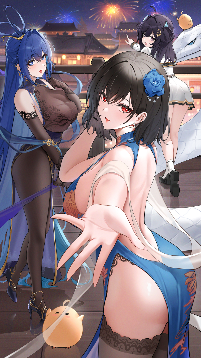 3girls absurdly_long_hair absurdres architecture ass azur_lane backless_dress backless_outfit black_footwear black_gloves black_hair black_thighhighs blue_dress blue_eyes blue_flower blue_hair bodystocking breasts capelet chien_wu_(azur_lane) chien_wu_(dressed_for_just_tonight)_(azur_lane) china_dress chinese_clothes commentary_request dress east_asian_architecture elbow_gloves fireworks flower from_behind gloves hair_flower hair_intakes hair_ornament high_heels highres lace lace-trimmed_gloves lace_trim large_breasts long_hair looking_at_viewer manjuu_(azur_lane) mole mole_under_eye multiple_girls new_jersey_(azur_lane) new_jersey_(dancing_in_the_moonlight)_(azur_lane) night night_sky official_alternate_costume open_mouth outdoors pointing pointing_forward purple_hair qing_wu red_eyes short_hair sky smile snake tai_yuan_(azur_lane) thighhighs very_long_hair white_capelet white_snake