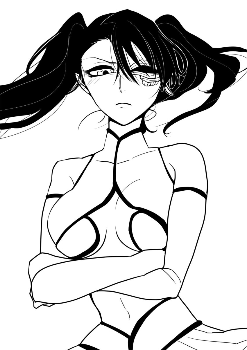 1girl arrancar artist_request bare_shoulders bleach blush breasts cleavage_cutout clothing_cutout crop_top crossed_arms feet_out_of_frame floating_hair hair_over_one_eye highres loly_aivirrne long_hair midriff miniskirt monochrome navel one_eye_covered shirt simple_background skirt small_breasts standing straight_hair teeth thighhighs twintails white_background wide_hips zettai_ryouiki