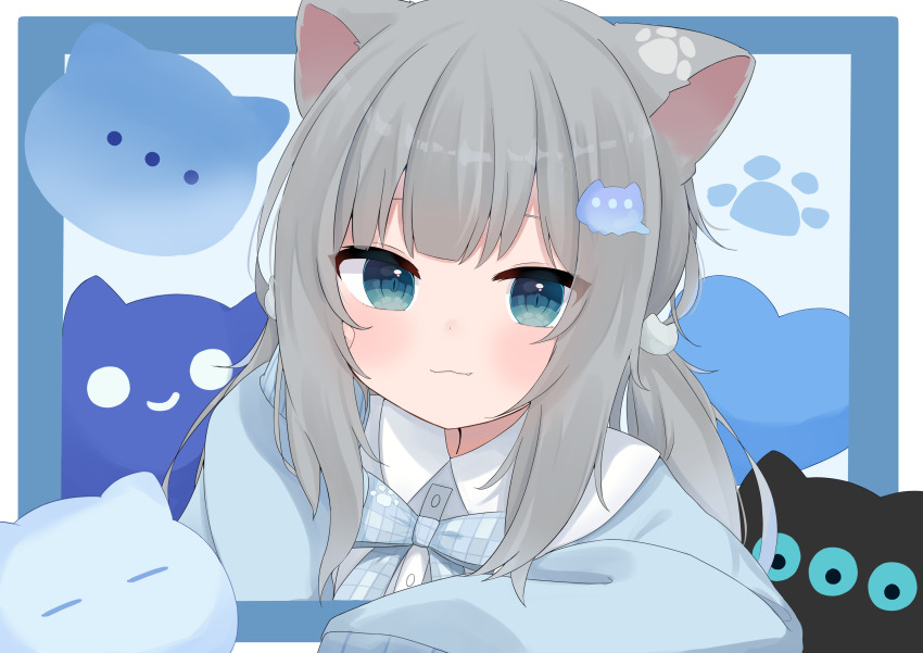 1girl :3 absurdres animal_ears animal_print aqua_eyes blue_border blue_bow blue_bowtie blue_shirt border bow bowtie cat_ears cat_hair_ornament cat_print closed_mouth fang grey_hair hair_ornament highres indie_virtual_youtuber long_sleeves looking_at_viewer medium_hair nachoneko nekosakaaa paw_print plaid_bow plaid_bowtie plaid_clothes shirt sidelocks slit_pupils smile solo upper_body virtual_youtuber white_border