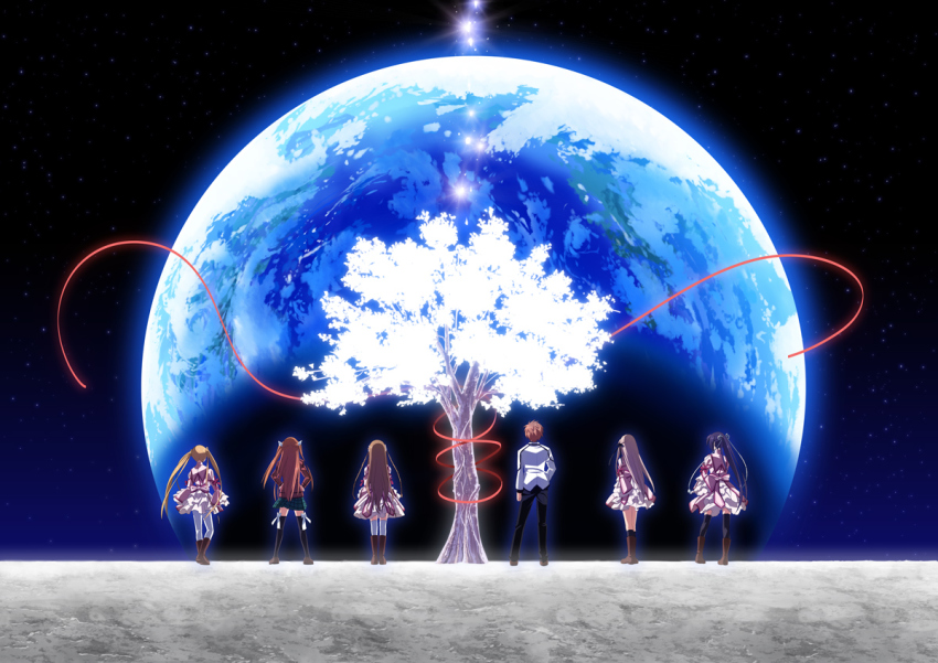 10s 1boy 5girls blazer blonde_hair braid brown_hair earth_(planet) full_moon k3_(dolphin_brain) kanbe_kotori konohana_lucia moon multiple_girls nakatsu_shizuru ootori_chihaya ponytail rewrite school_uniform senri_akane tennouji_kotarou tree