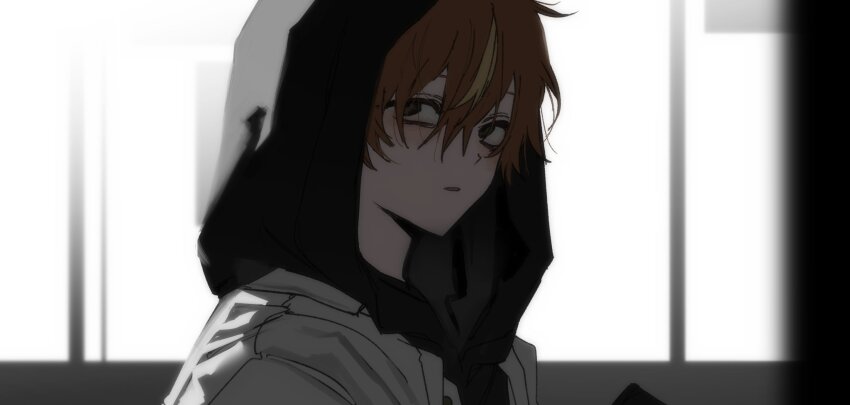 1boy black_hood blonde_hair fake_screenshot goguma_wagamja highres hood hood_up indoors jacket male_focus orange_hair project_sekai shinonome_akito solo upper_body white_jacket window