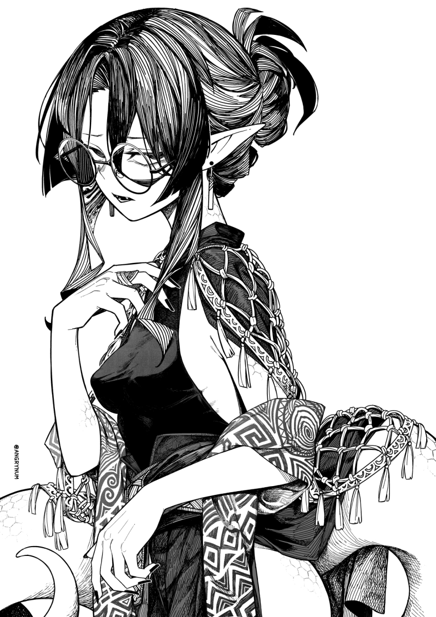 1girl armpit_crease artist_name breasts earrings fangs glasses hair_between_eyes hair_bun hanafuda_earrings hand_up highres jewelry lamia looking_at_viewer medium_breasts monochrome monster_girl multicolored_hair nail_polish no_bra num_(angrynum) open_mouth original parted_lips pointy_ears ring round_eyewear scales shawl sideboob sideless_kimono sideless_outfit sidelocks simple_background single_hair_bun sleeveless sleeveless_turtleneck snake_girl snake_tail solo tail tassel turtleneck twitter_username white_background yuriel_(num)