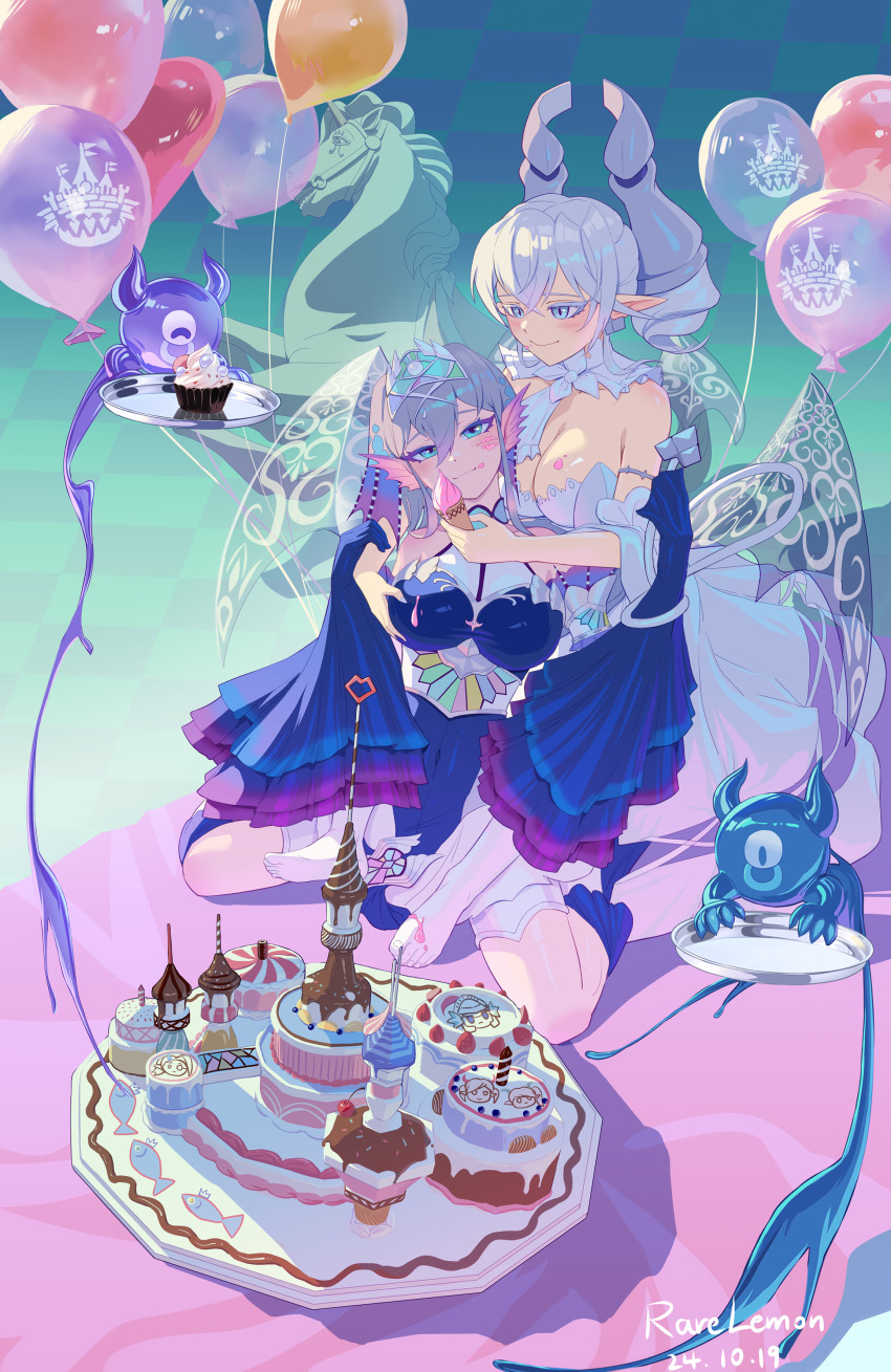 2girls absurdres artist_name balloon blue_eyes blush breasts cake chinese_commentary cleavage closed_mouth commentary_request cupcake dated dress duel_monster fins food food_on_body food_on_breasts grabbing_another&#039;s_breast grabbing_from_behind grey_hair groping head_fins highres holding holding_ice_cream_cone holding_tray horns horse ice_cream ice_cream_cone kitkallos_(yu-gi-oh!) kneeling large_breasts lipstick_mark lipstick_mark_on_face lovely_labrynth_of_the_silver_castle multiple_girls pantyhose pointy_ears purple_dress rare_lemon smile strapless strapless_dress tearlaments_kitkallos tray white_pantyhose yu-gi-oh! yuri