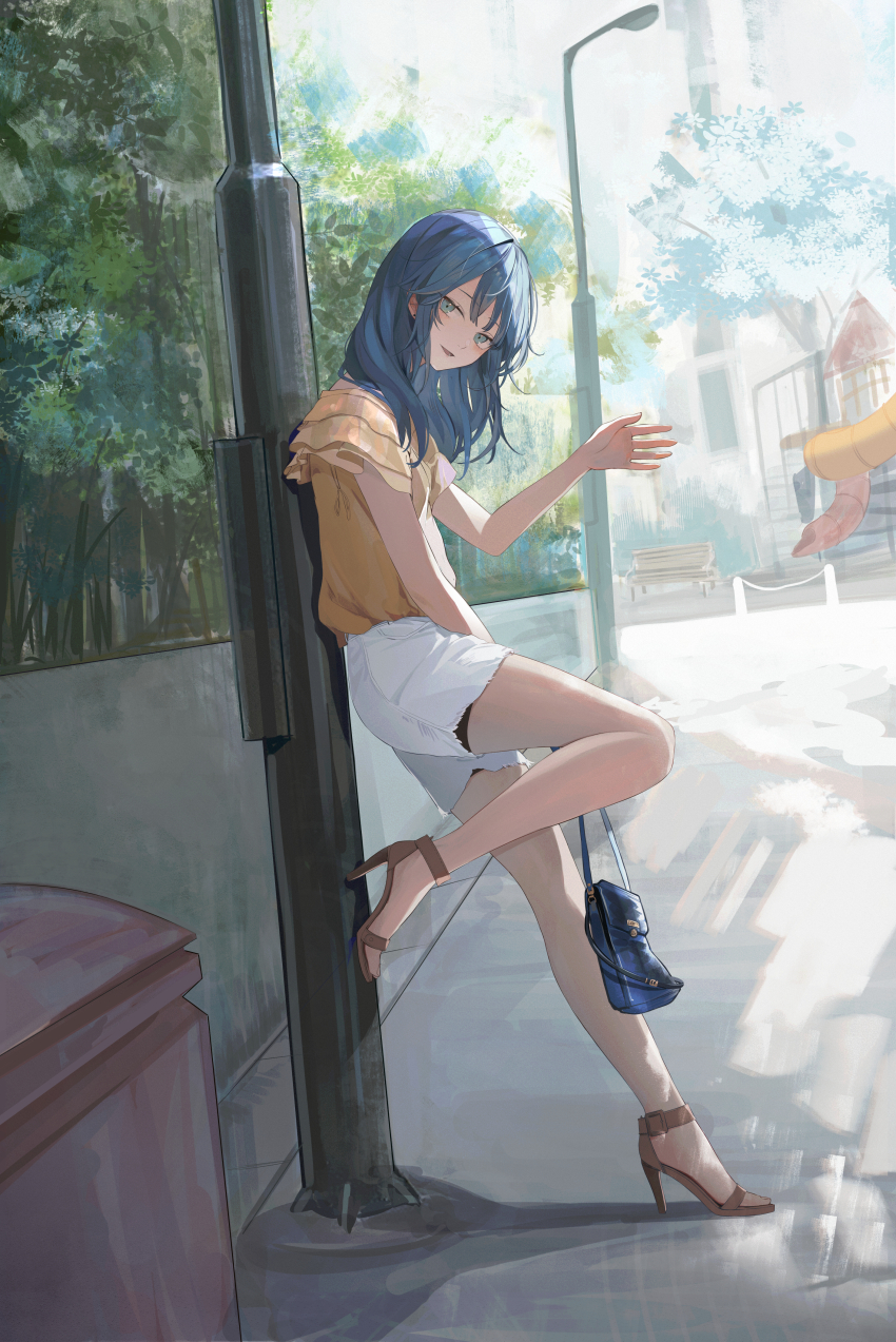 1girl absurdres aqua_eyes bag bench blue_bag blue_hair brown_footwear commentary cutoffs day earrings frilled_shirt frills from_side high_heel_sandals highres holding holding_bag jenmin12 jewelry knee_up lamppost leaning_on_object looking_at_viewer looking_to_the_side medium_hair original outdoors park_bench parted_lips sandals shirt shirt_tucked_in shorts solo waving_hands white_shorts yellow_shirt